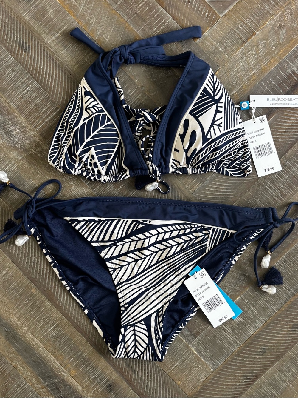 Bleu Rod Beattie Midnight Leaf Print Halter Bikini Set Tassel Pearl Beads 8 10